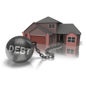 An image of a ball and chain with the word debt connected to a house.