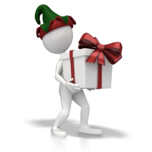 A stick figure wearing a Christmas elf hat delivers a gift.
