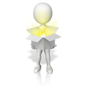 A stick figure holds an open box with light rays shining out of it.