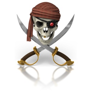 A pirate skull with two swords crisscrossing.