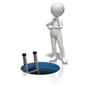 A stick figure contemplates a ladder rising from a hole in the ground.