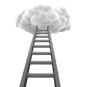 A ladder reaches skyward to a single cloud.