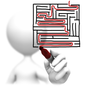 An image of a stick figure drawing a maze and the solution.