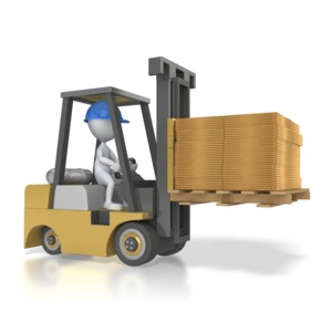 This clip art image shows a stick figure driving a forklift carrying broken down boxes.