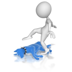 A stick figure cautiously steps over a sleeping guard dog.  This image displays the idiom (let a sleeping dog lie).