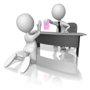 A boss stick figure in a tie gives a pink slip to a pleading employee stick figure.