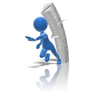 A stick figure runs from a pile of paperwork that&#039;s ready to topple-over.