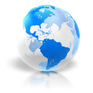 An image of a shiny transparent ocean and blue continents emphasizing North and South America.