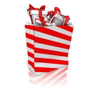 This clip art shows a striped shopping bay with presents inside.