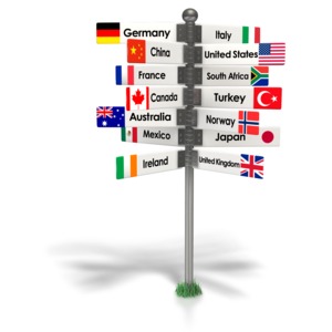 An image of a street sign pointing directions to countries.