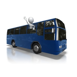 A stick figure waves from the window of a travel coach bus.