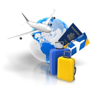 An image of the world, a commercial airplane, tickets and luggage.