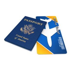 An image of a passport and airline ticket.