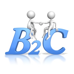 This clip art image shows two stick figure sitting on the the abbreviation of Business to Customer shaking hands.
