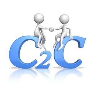 This clip art image shows two stick figure sitting on the the abbreviation of Customer to Customer shaking hands.