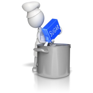 A stick figure sweetens the pot by pouring more sugar into it.  This clip art displays a idiom of sweeten the pot.