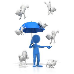 A stick figure stand under an umbrella as cats and dogs falls from above.  This clip art image displays the idiom raining cats and dogs.