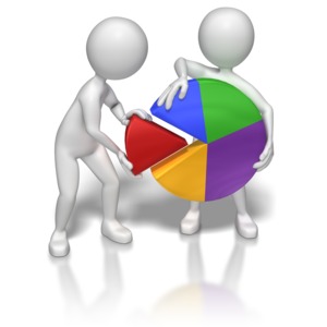 Two stick figures add a piece to a pie chart. This clip-art can represent teamwork.