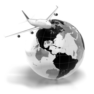 An image of a commercial airline flying over the world.