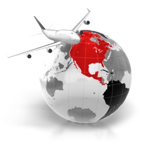 An image of a commercial airline flying over the world with North America highlighted.