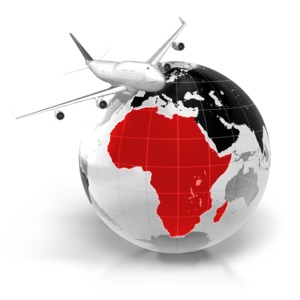 An image of a commercial airline flying over the world with Africa highlighted.