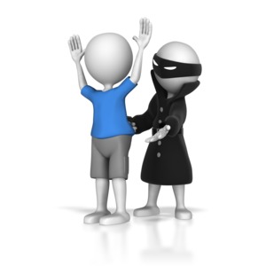 A stick figure is robbed at gun point.