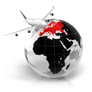 An image of a commercial airline flying over the world with Africa highlighted.