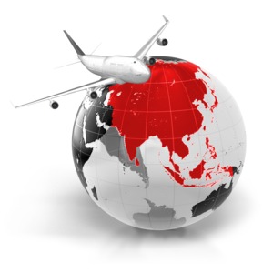 An image of a commercial airline flying over the world with the Asia highlighted.