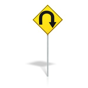 This clip art image shows a road sign with a u turn symbol on it.