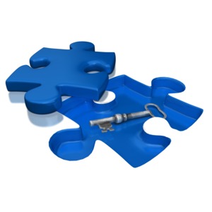 An old skeleton key is exposed underneath a puzzle piece. This clip-art can represent that the missing piece of a puzzle is the key to the solution.