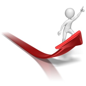 A stick figure points to his goal as he rides upward on a rising arrow. This clip-art can represent someone setting a profit goal.