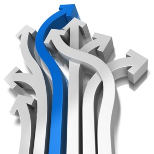 An image of a group of arrows curving upward with one standing out from the rest.