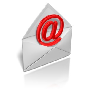 An &#039;at&#039; symbol emerges from an envelope. This clip-art can represent sending or receiving an email.