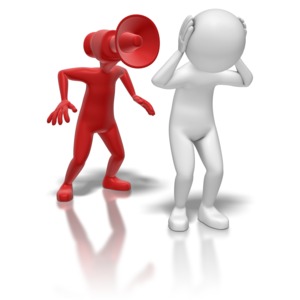 A red stick figure with a bullhorn head yells loudly at another stick figure.