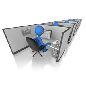 This clip art image shows a line cubicles with telemarketers. 