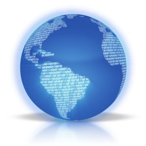 This clip art shows the world with the continents made up of binary code.