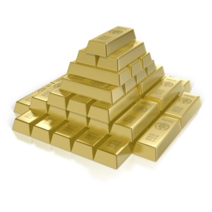 This clip art image show a stacked pyramid of gold bars.