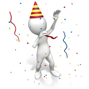 An image of a stick figure blowing a party favor with confetti falling.