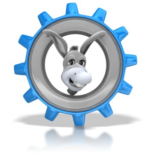 This clip art shows an donkey inside of a gear.  This image displays the concept to get moving; to get organized and get started.