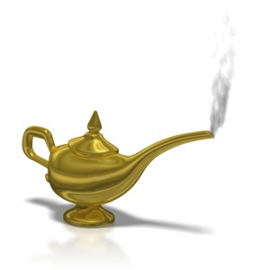 Smoke rises from an Aladdin&#039;s lamp. This clip-art can represent fulfilling a wish.