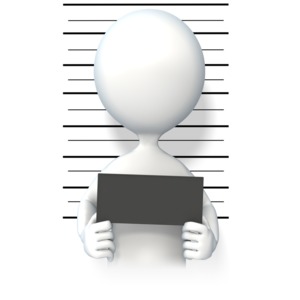 A 3D stick figure in a mug shot.  A concept of trouble with the law, being arrested, or criminal behavior.