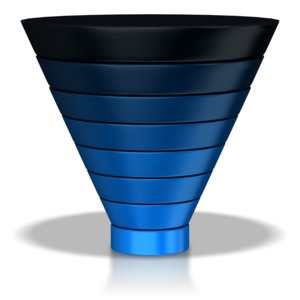 An eight segment funnel demonstrates a flow or process from a large amount to a smaller amount.