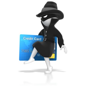 A stick figure thief steals a credit card and sneaks away.