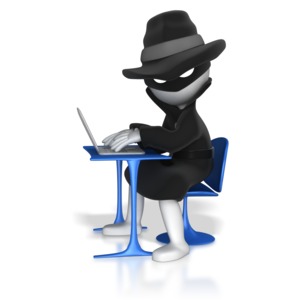 This clip art shows a thief stick figure hacking a computer.