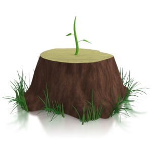 This clip art shows a tree chopped down with a new growth sprouting up from the middle.