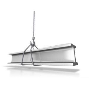 An image of a steel beam being carried by a large chain, cable and hook.