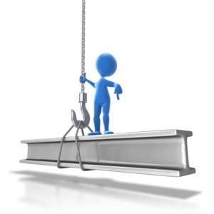 An image of a steel beam being lowered by a large chain, cable and hook with a stick figure directing.