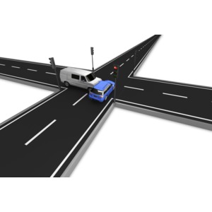 This clip art shows a vehicle running a red light as a another vehicle smashes into its side.