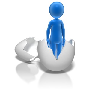 A stick figure stands inside an egg that&#039;s cracked open. This clip-art can represent someone going into their nest egg.