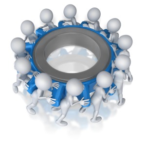 Many stick figure characters use teamwork to turn a gear.